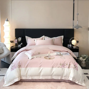 Pink Rose Flowers Luxury Egyptian Cotton 600TC Embroidered Bedding Set